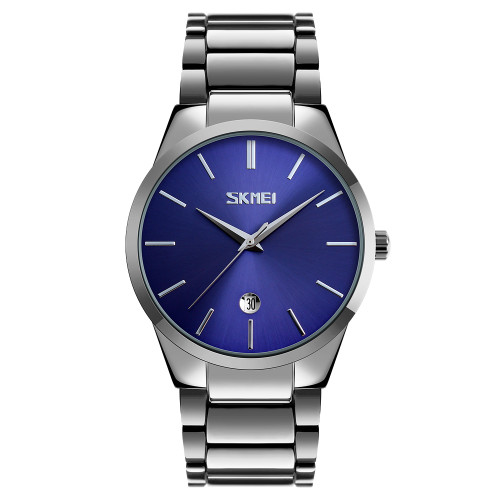 Мужские кварцевые часы Skmei 9140SIBU Silver-Blue с металлическим браслетом