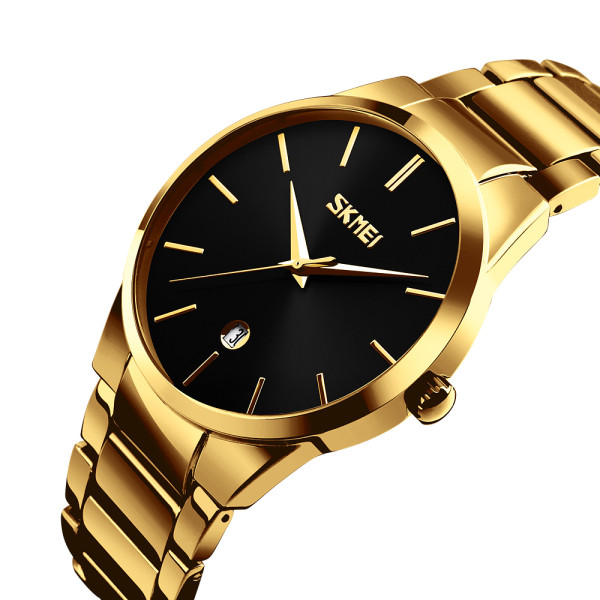 Мужские кварцевые часы Skmei 9140GDBK Gold-Black с металлическим браслетом