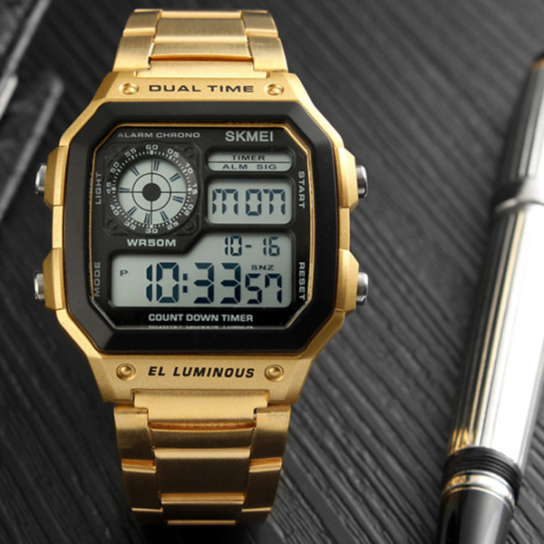 Чоловічий електронний годинник Skmei 1335GD Gold з металевим браслетом