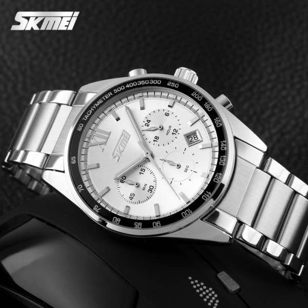 Чоловічий кварцовий годинник Skmei 9096SI Silver зі сталевим браслетом