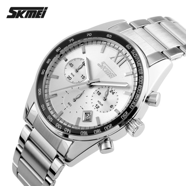 Чоловічий кварцовий годинник Skmei 9096SI Silver зі сталевим браслетом