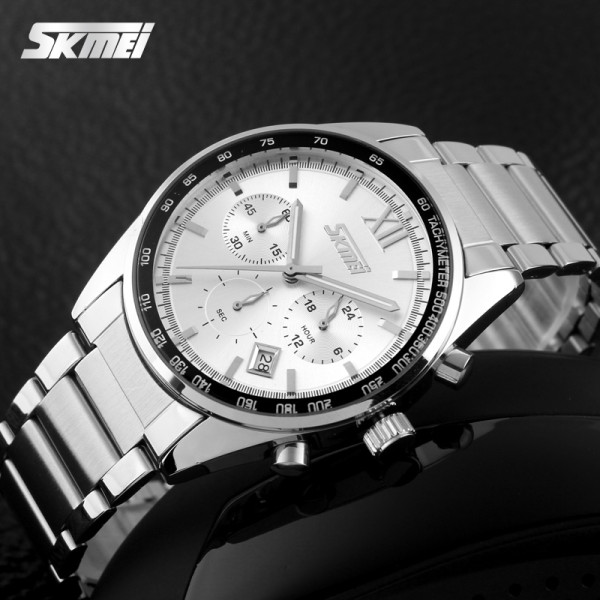 Чоловічий кварцовий годинник Skmei 9096SI Silver зі сталевим браслетом
