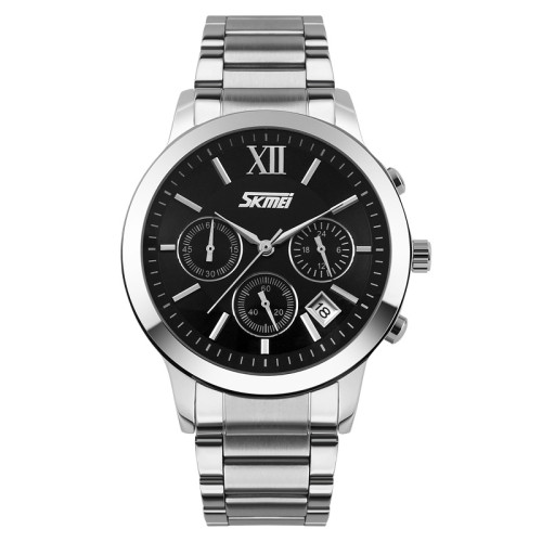 Чоловічий кварцовий годинник Skmei 9097BK Black з хронографом та металевим браслетом