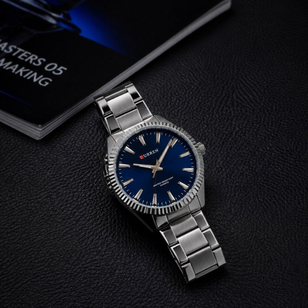 Мужские кварцевые часы Curren 8425 Silver-Blue со стальным браслетом