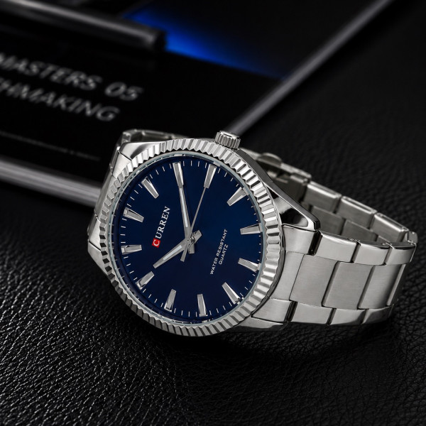 Мужские кварцевые часы Curren 8425 Silver-Blue со стальным браслетом