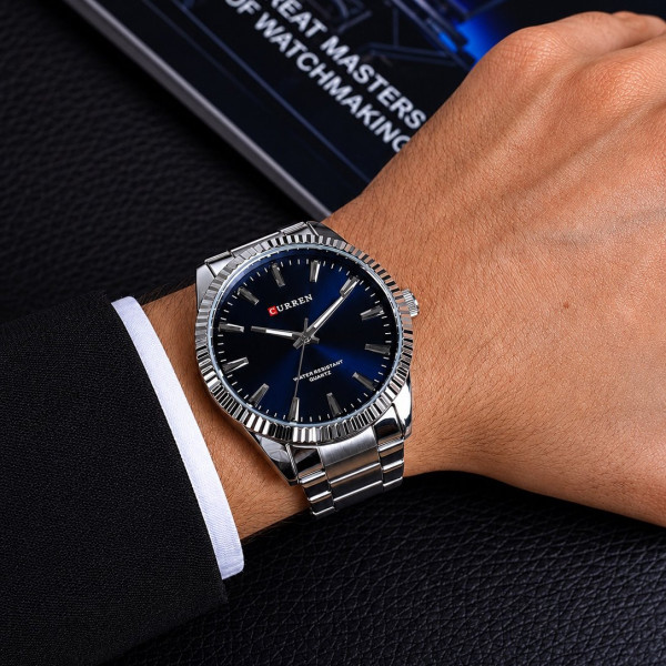 Мужские кварцевые часы Curren 8425 Silver-Blue со стальным браслетом