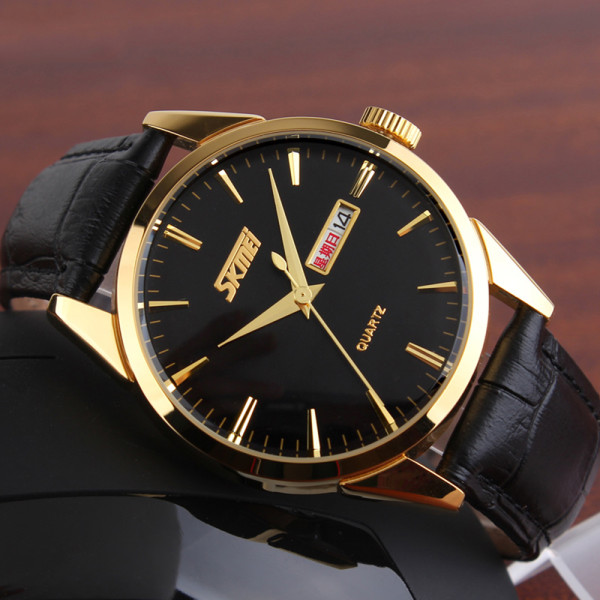 Женские часы Skmei 9073GDBK-S Gold-Black кожаный ремешок