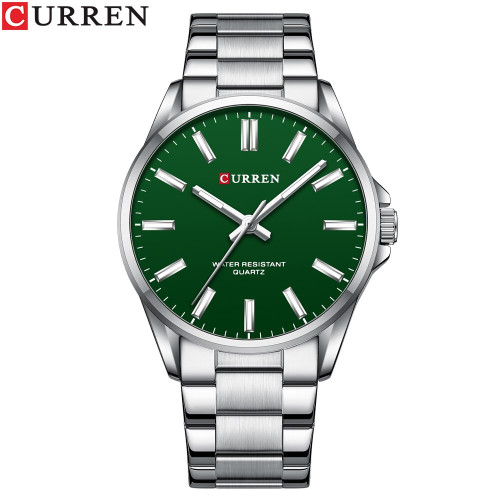 Чоловічий кварцовий годинник Curren 9090 Silver-Green із металевим браслетом