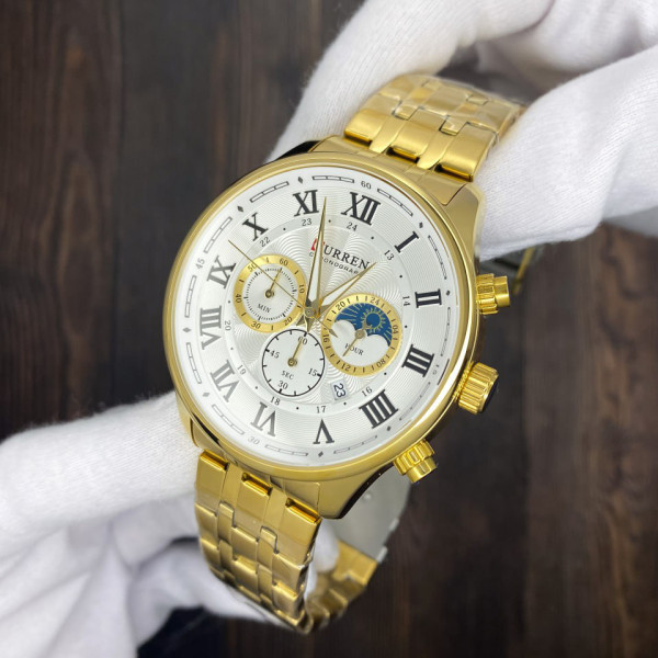 Мужские кварцевые часы Curren 8427 Gold-White с хронографом