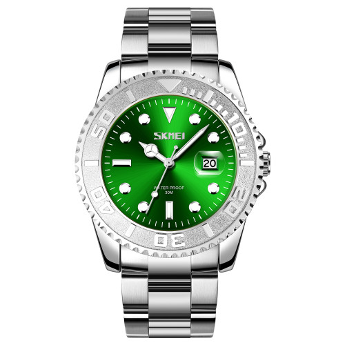 Чоловічий годинник Skmei 9295SIGN Silver-Green кварцовий зі сталевим браслетом