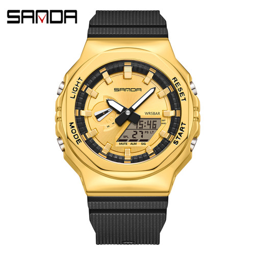 Чоловічий спортивний годинник Sanda 3167 Gold водонепроникний 5 ATM каучук