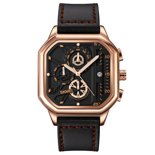 Мужские часы Skmei 1963RG Rose-Gold кварцевые с кожаным ремешком
