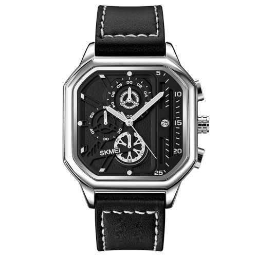 Мужские кварцевые часы Skmei 1963SI Silver с кожаным корешком