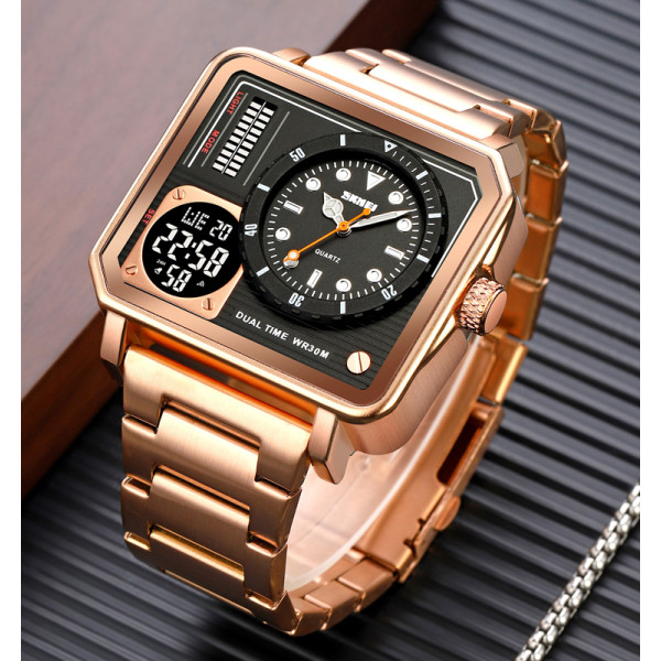 Мужские часы Skmei 2025RG Rose Gold стрелочно-электронные с подсветкой