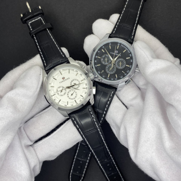 Чоловічий механічний годинник Forsining 6625 Silver-White Leather з автопідзаводом