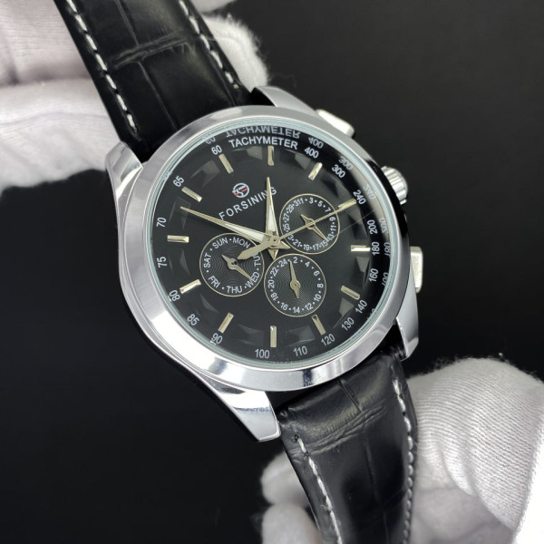 Чоловічий механічний годинник Forsining 6625 Silver-White Leather з автопідзаводом