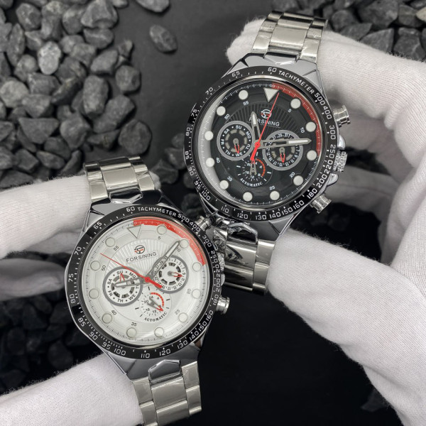 Мужские механические часы Forsining 6911 Silver-Black со стальным браслетом