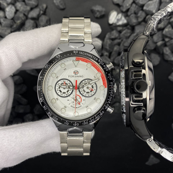 Мужские механические часы Forsining 6911 Silver-Black со стальным браслетом