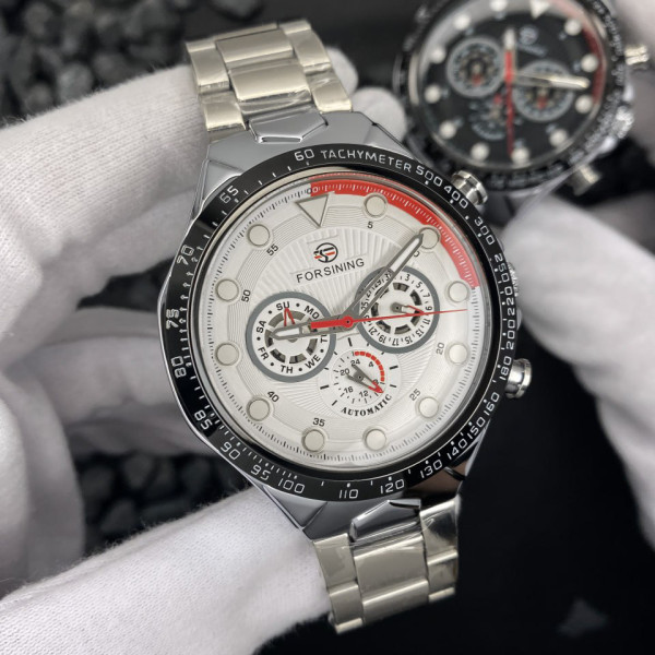 Мужские механические часы Forsining 6911 Silver-Black со стальным браслетом