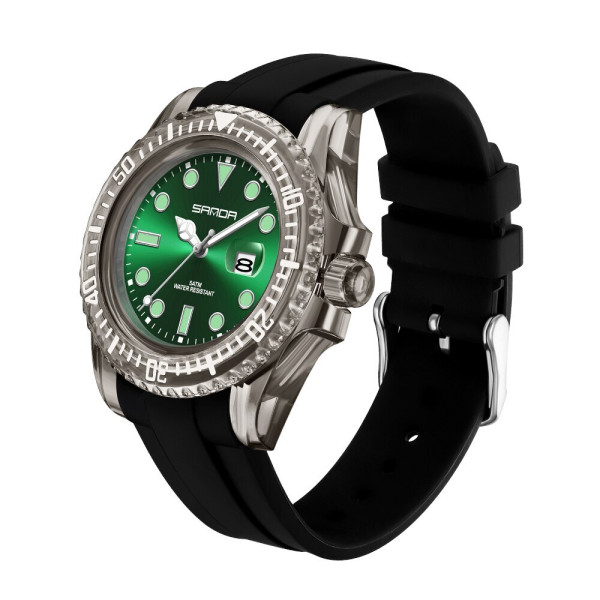 Жіночий годинник Sanda 9007 Black-Green з каучуковим ремінцем 5 ATM