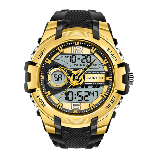 Мужские спортивные часы Sanda 6015 Black-Gold 5 ATM с подсветкой