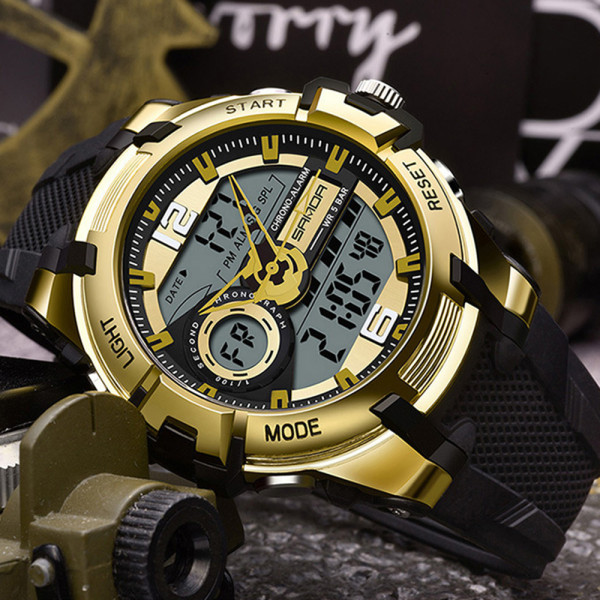 Мужские спортивные часы Sanda 6015 Black-Gold 5 ATM с подсветкой