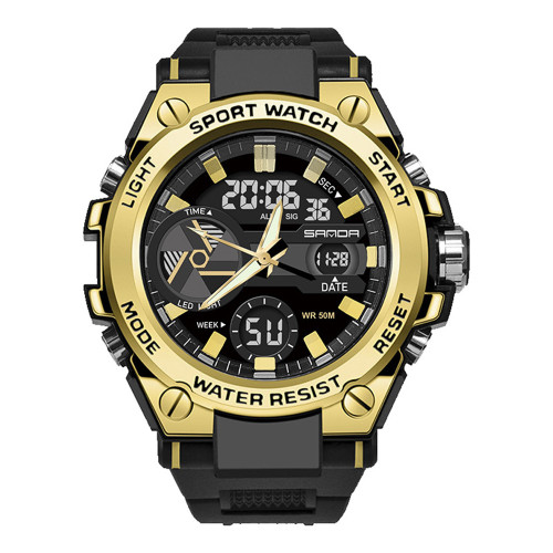Мужские спортивные часы Sanda 3311 Black-Gold 5 ATM с подсветкой