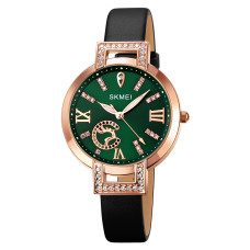 Женские классические часы Skmei 1977GNBK Green-Black с кожаным корешком