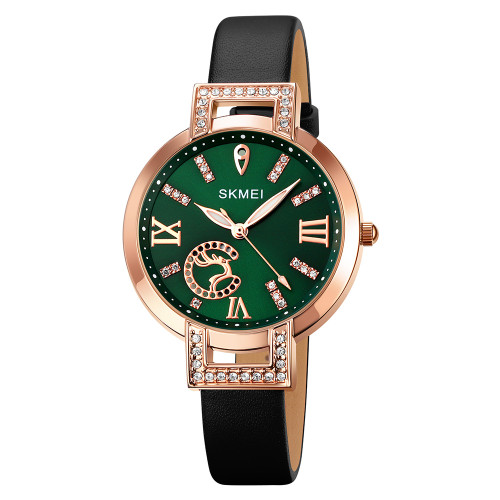 Женские классические часы Skmei 1977GNBK Green-Black с кожаным корешком