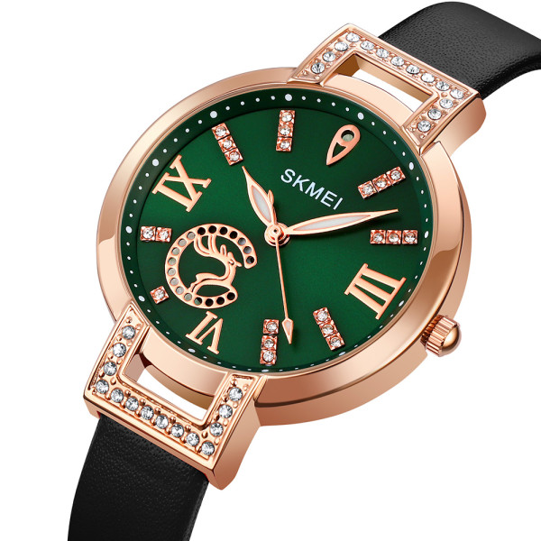 Женские классические часы Skmei 1977GNBK Green-Black с кожаным корешком
