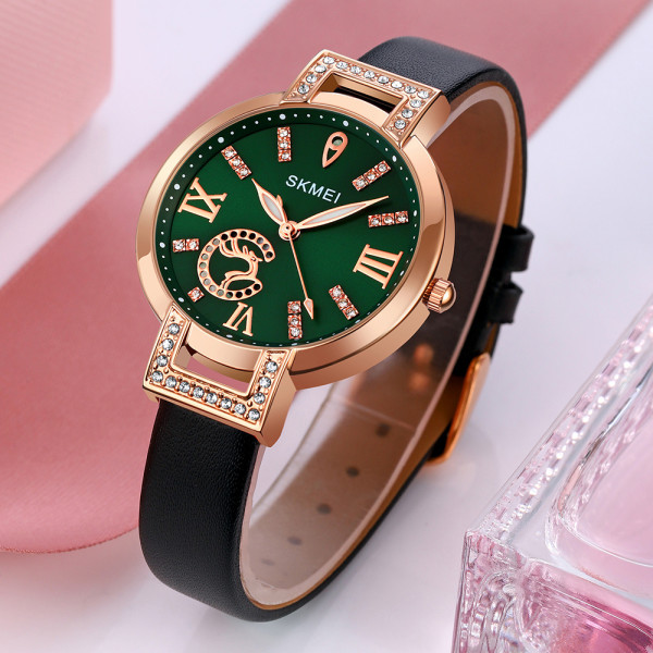 Женские классические часы Skmei 1977GNBK Green-Black с кожаным корешком