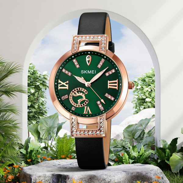 Женские классические часы Skmei 1977GNBK Green-Black с кожаным корешком