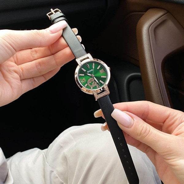 Женские классические часы Skmei 1977GNBK Green-Black с кожаным корешком