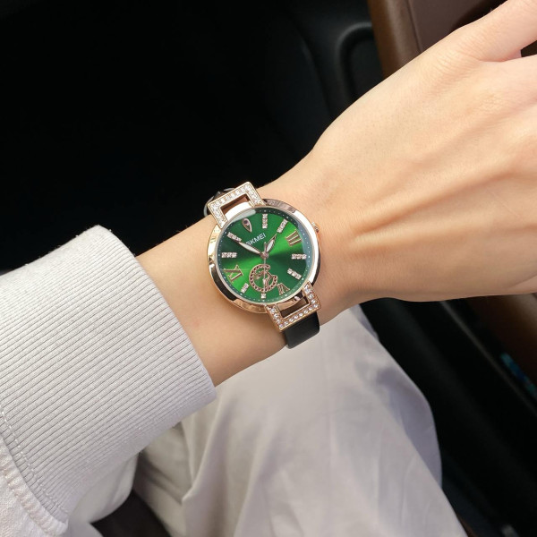 Женские классические часы Skmei 1977GNBK Green-Black с кожаным корешком