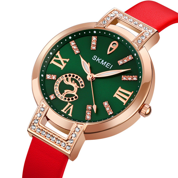 Женские часы Skmei 1977RD Red с кожаным корешком и люминесценцией