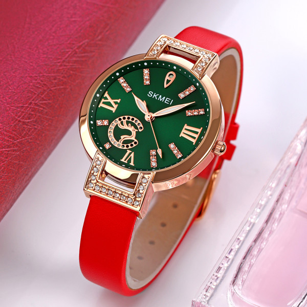 Женские часы Skmei 1977RD Red с кожаным корешком и люминесценцией