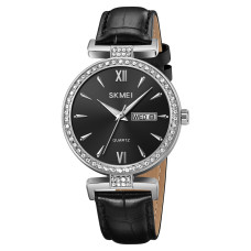 Женские классические часы Skmei 2090SIBK Silver-Black с кожаным корешком