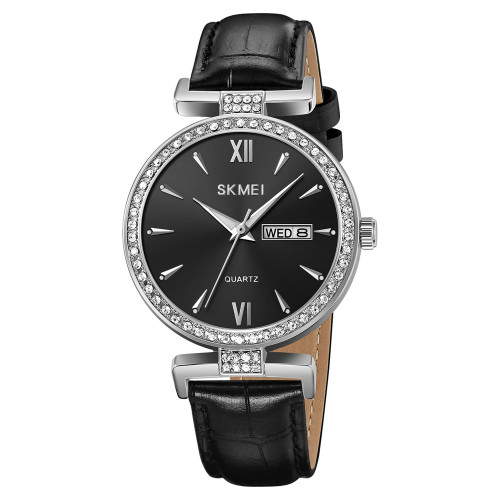 Женские классические часы Skmei 2090SIBK Silver-Black с кожаным корешком