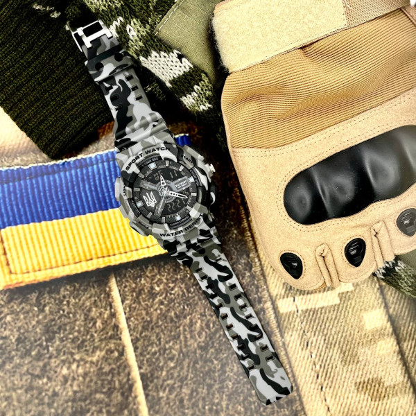 Чоловічий тактичний годинник Patriot 005 Тризуб Camo Grey водонепроникний