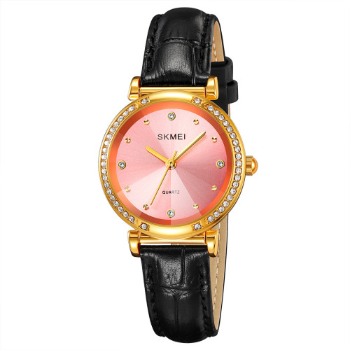 Женские часы Skmei 2072PK Pink с кожаным корешком и розовым циферблатом