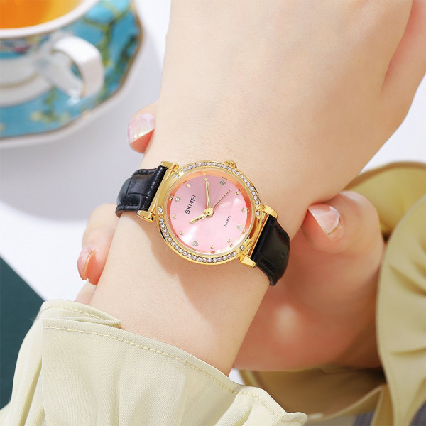 Жіночий годинник Skmei 2072PK Pink зі шкіряним ремінцем та рожевим циферблатом
