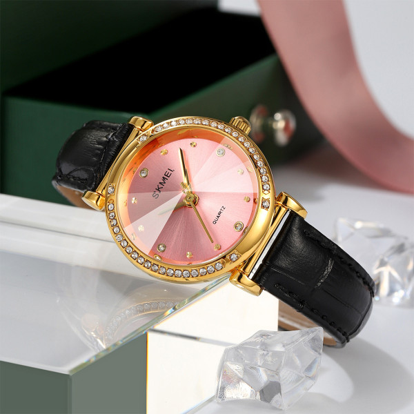 Жіночий годинник Skmei 2072PK Pink зі шкіряним ремінцем та рожевим циферблатом