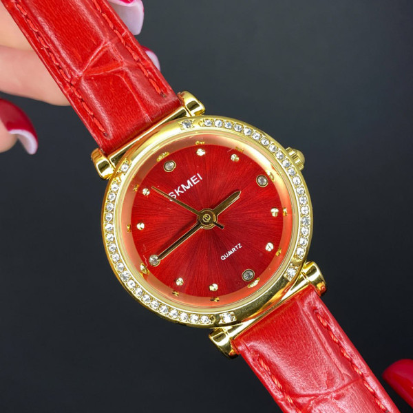 Жіночий годинник Skmei 2072PK Pink зі шкіряним ремінцем та рожевим циферблатом