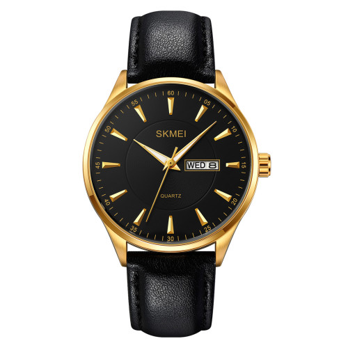 Чоловічий годинник Skmei 2075GDBK Gold-Black зі шкіряним ремінцем