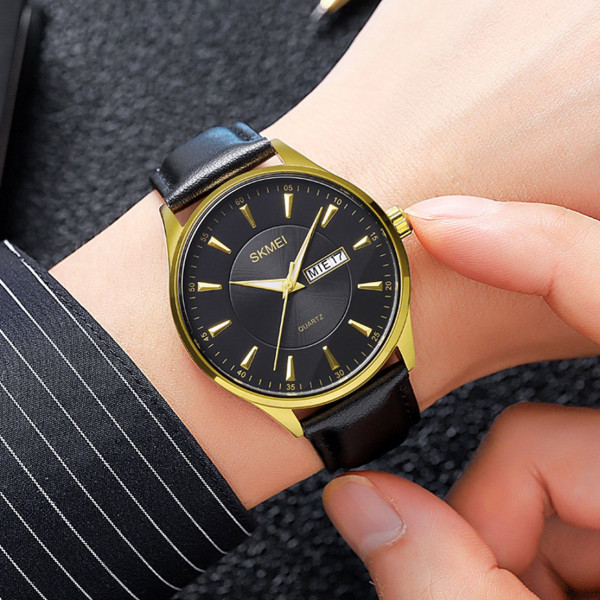 Мужские часы Skmei 2075GDBK Gold-Black с кожаным корешком