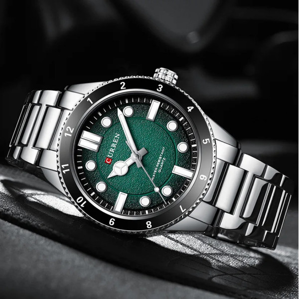 Мужские кварцевые часы Curren 8450 Silver-Green с металлическим браслетом