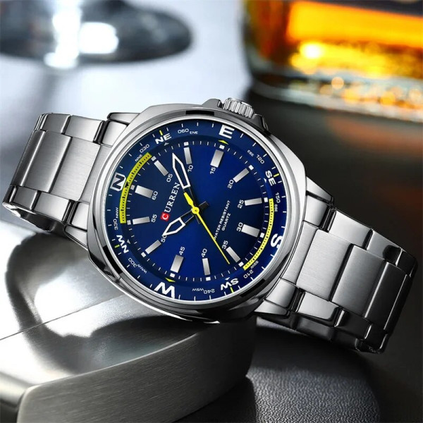 Мужские кварцевые часы Curren 8455 Silver-Blue со стальным браслетом