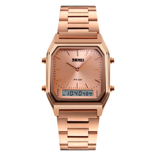 Женские часы Skmei 1220RG Rose Gold с двойным циферблатом и подсветкой