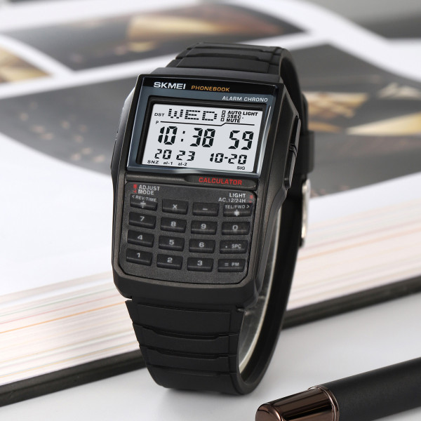 Мужские электронные часы Skmei 2255BK Black с калькулятором и подсветкой