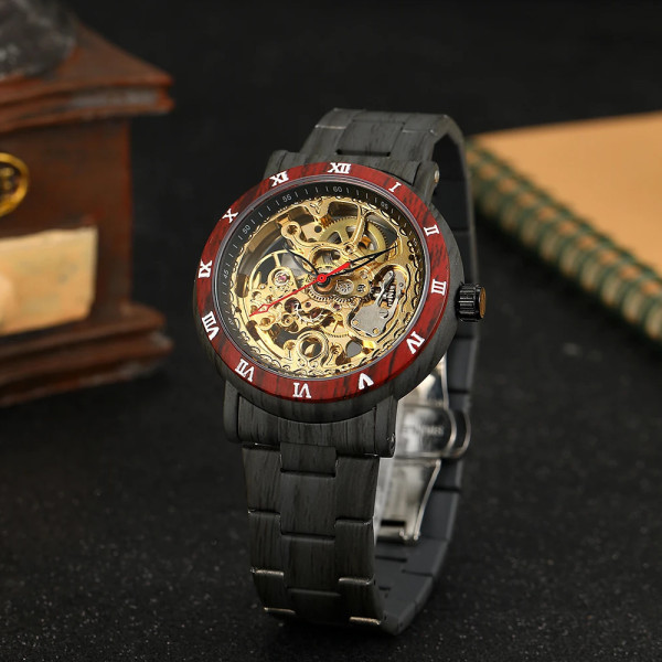 Механические мужские часы Forsining 8277 Black-Red-Gold с автоподзаводом